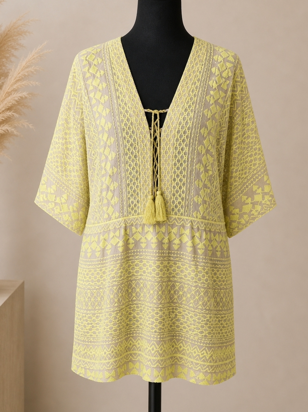 BCBGMaxAzria Yellow Embroidered V-Neck Tunic/Dress.